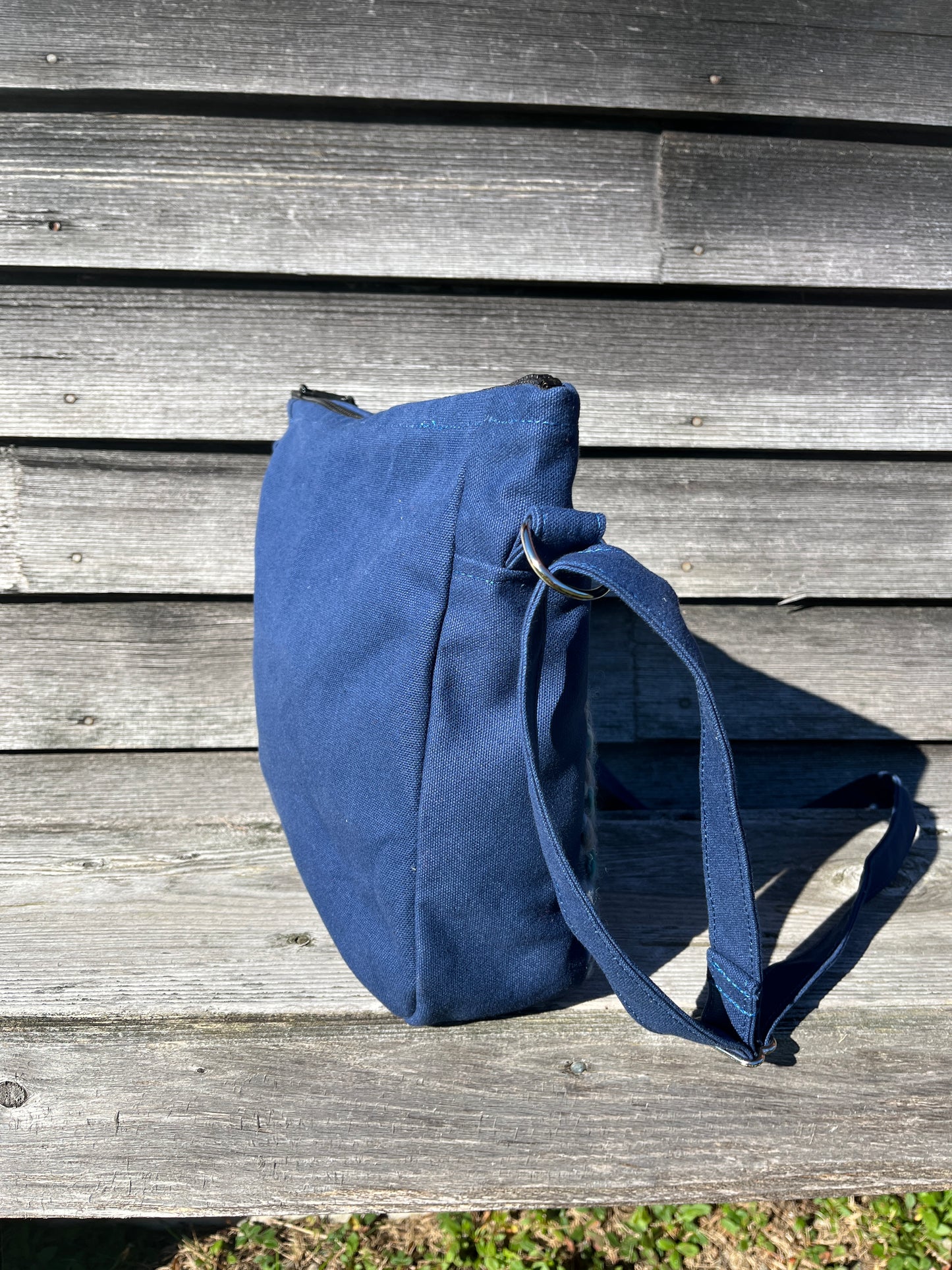 Bent Crossbody Zip Top - Navy with blue purple textile