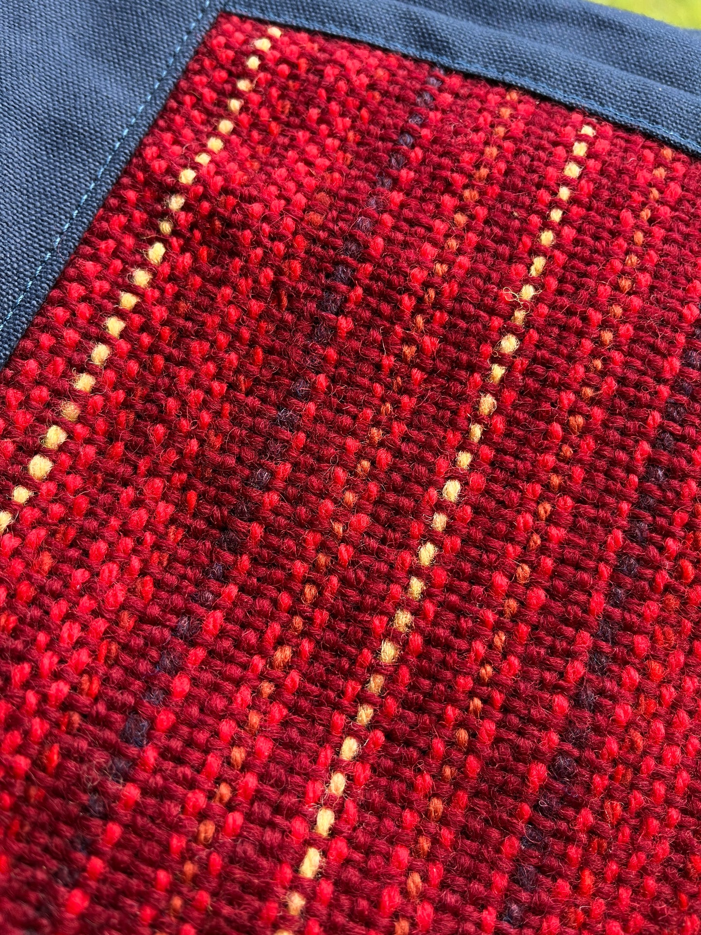 Bent Snap Tote - red textile / navy canvas