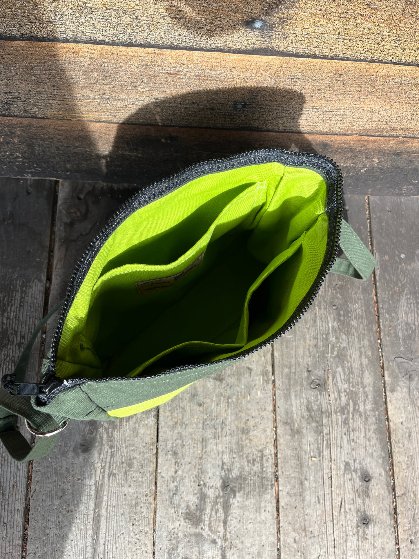 Bent Crossbody Zip Top 112 - Lime green textile with Olive canvas / lime interior