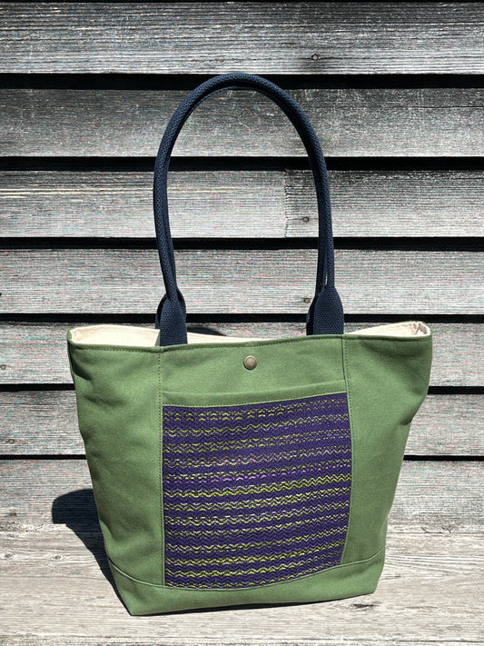 Bent Snap Tote - navy textile  / olive green canvas