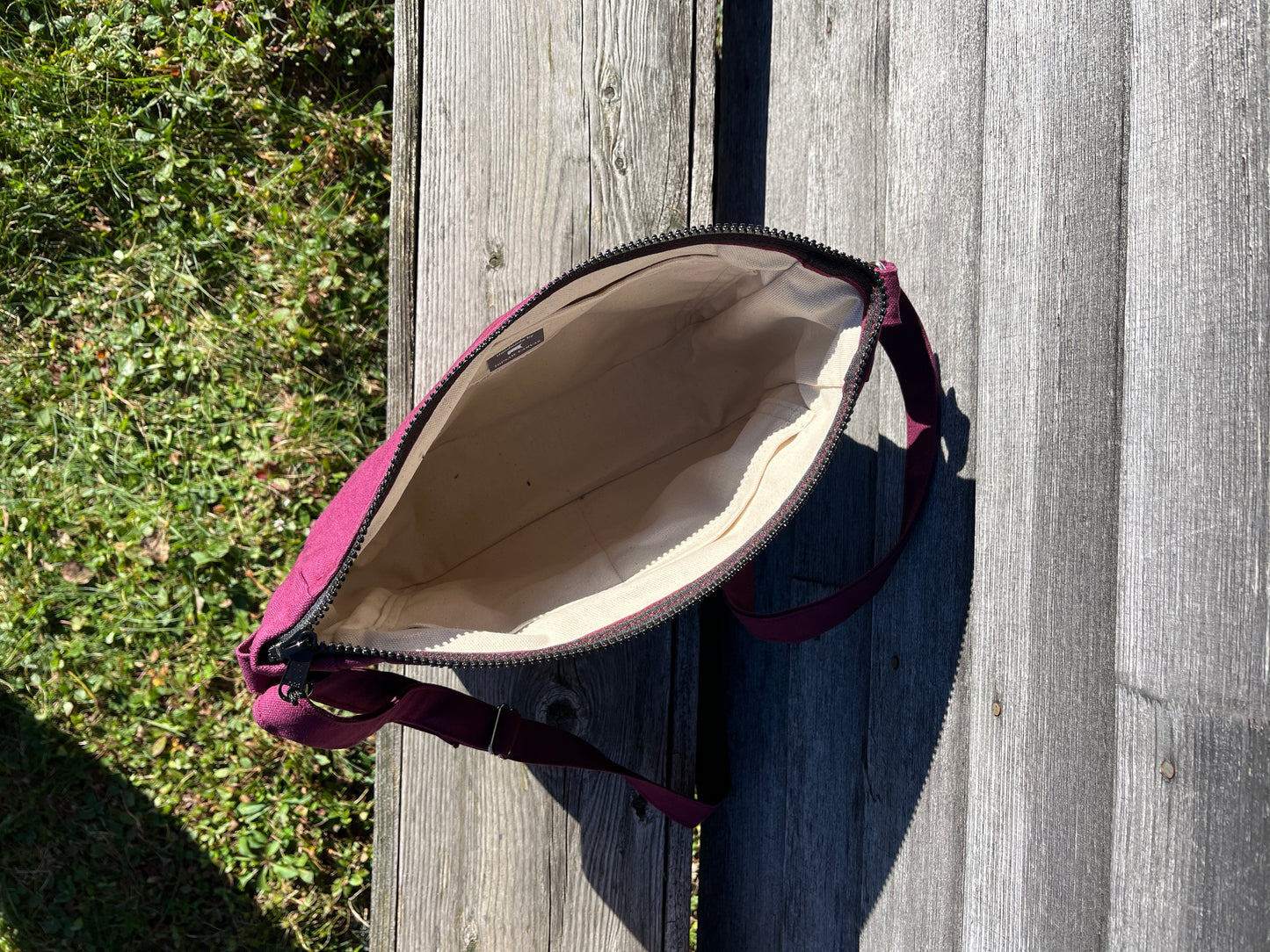 Bent Crossbody Zip Top - Burgundy with purple textile