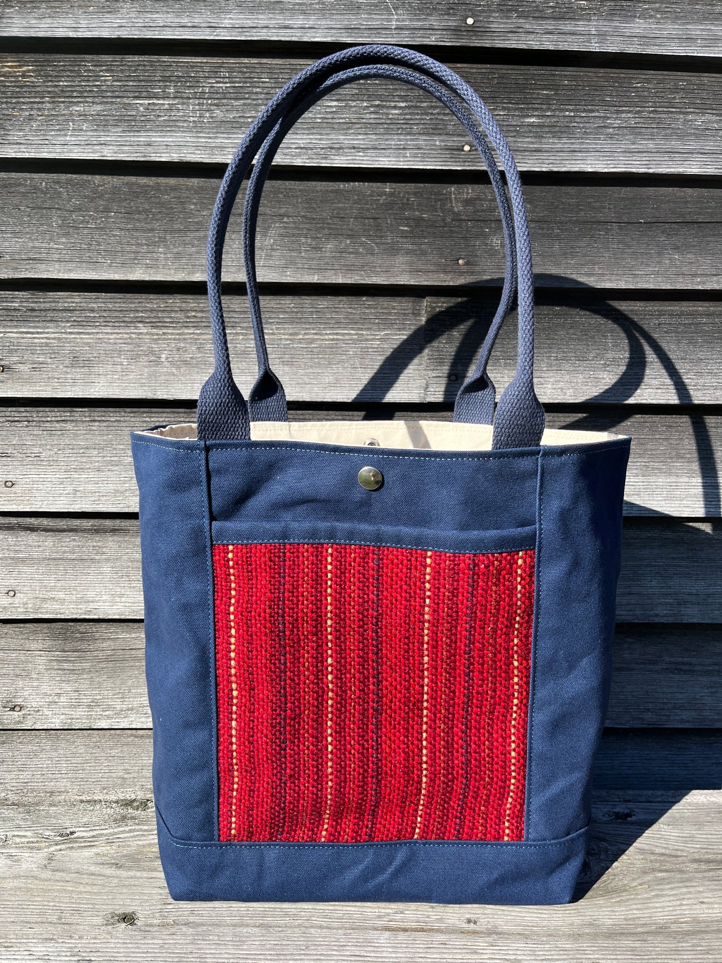 Bent Snap Tote - red textile / navy canvas