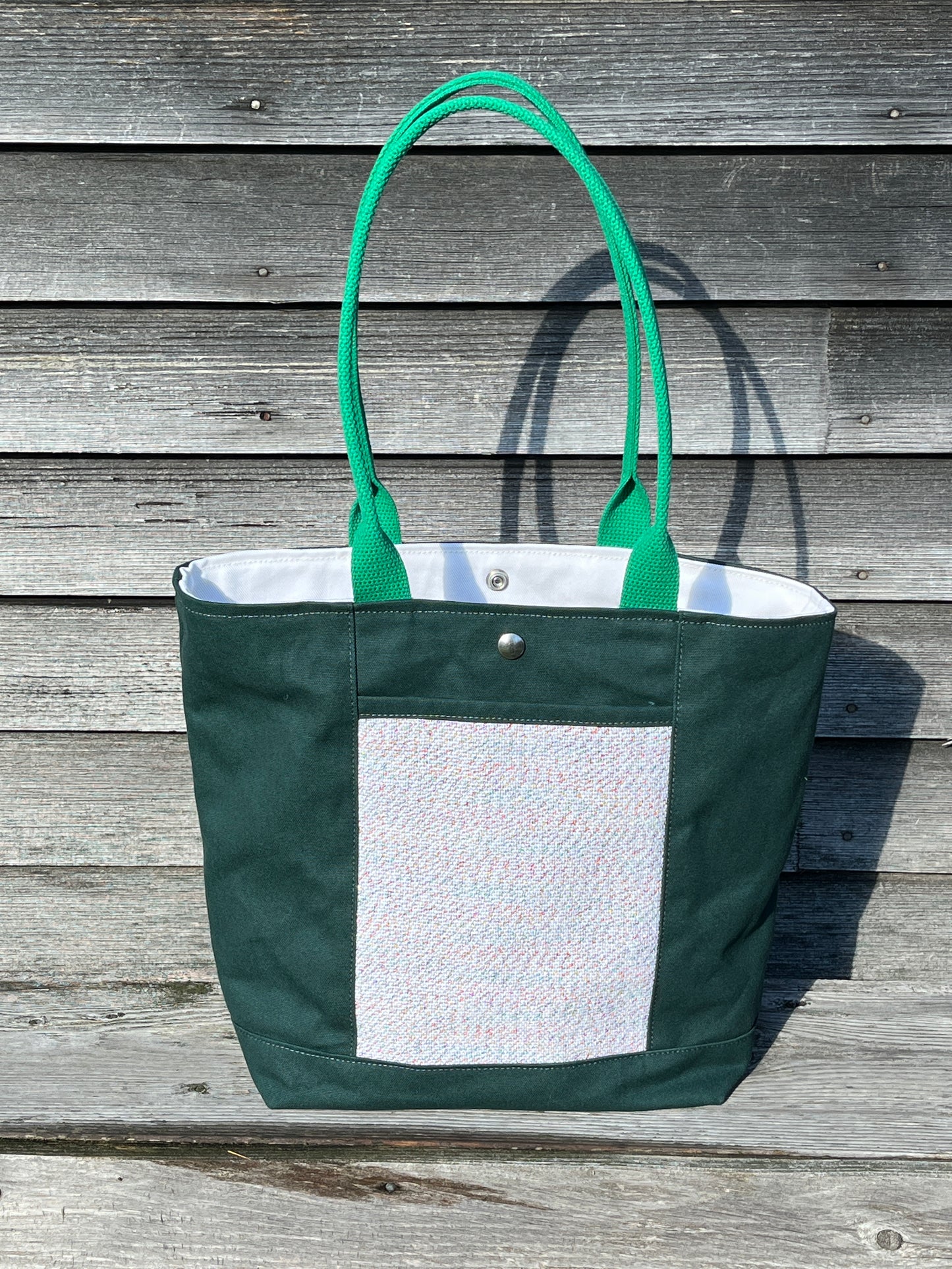 Bent Snap Tote - sparkly white textile / green canvas