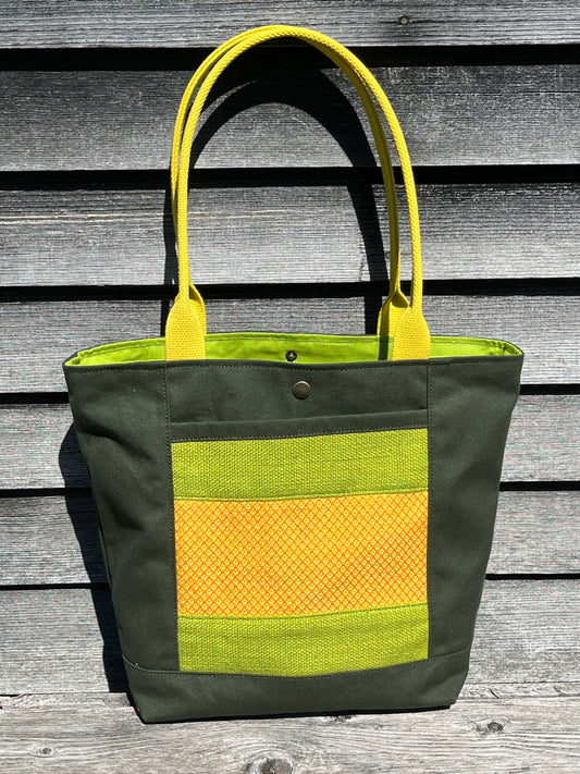 Bent Snap Tote - lime yellow textile  / green canvas