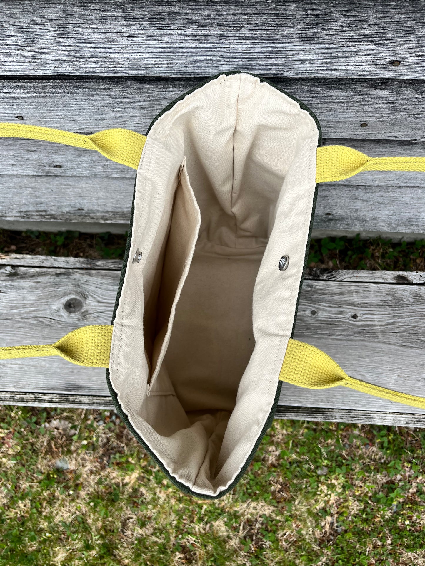 Bent Snap Tote - multi green textile / olive canvas