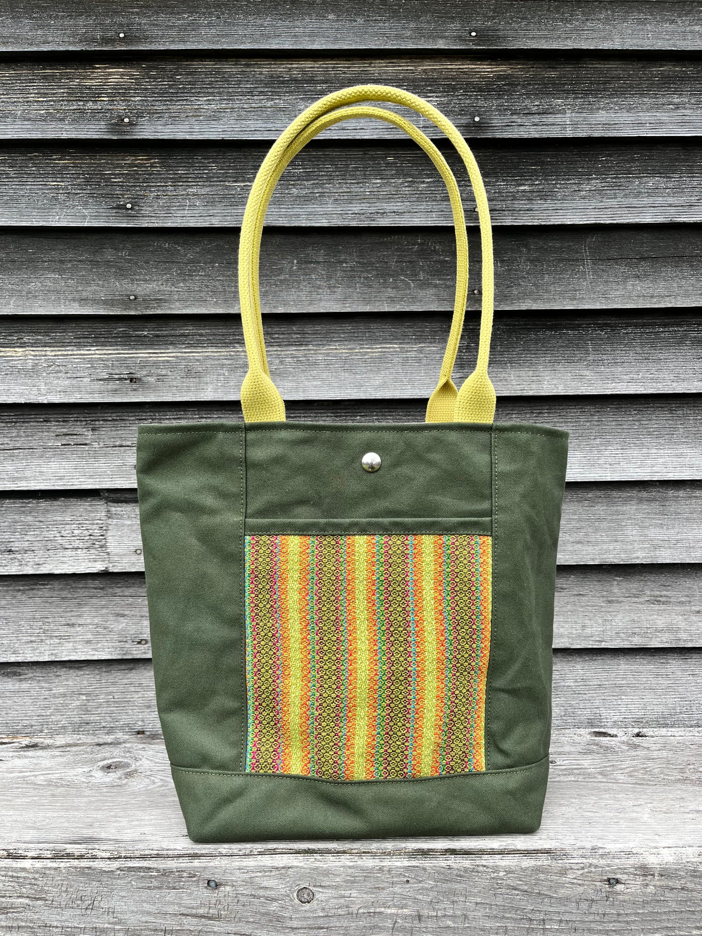 Bent Snap Tote - multi green textile / olive canvas