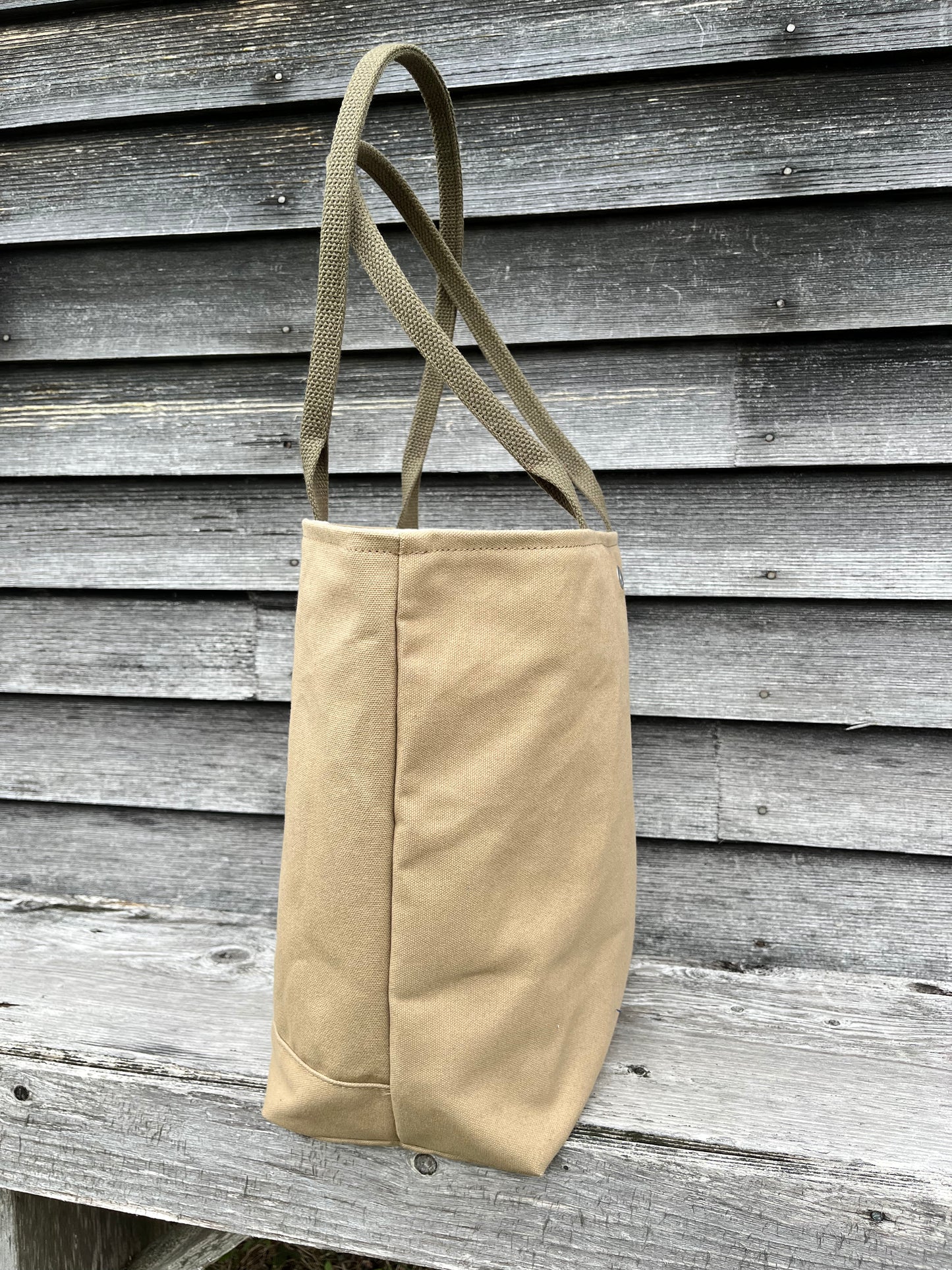 Bent Snap Tote - light brown white textile / khaki canvas