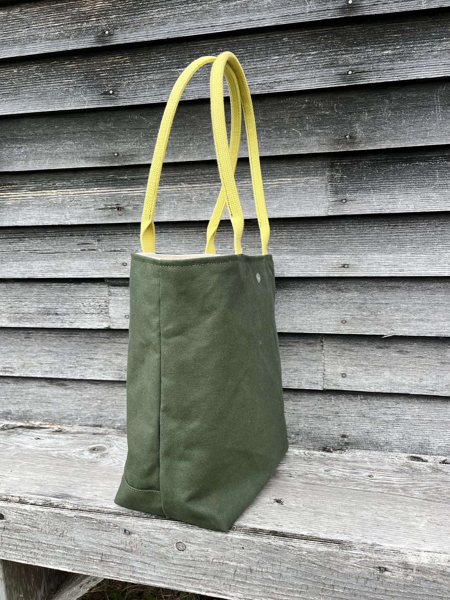 Bent Snap Tote - multi green textile / olive canvas