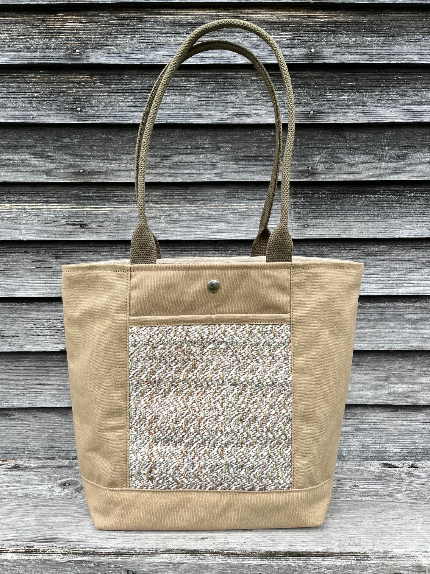 Bent Snap Tote - light brown white textile / khaki canvas
