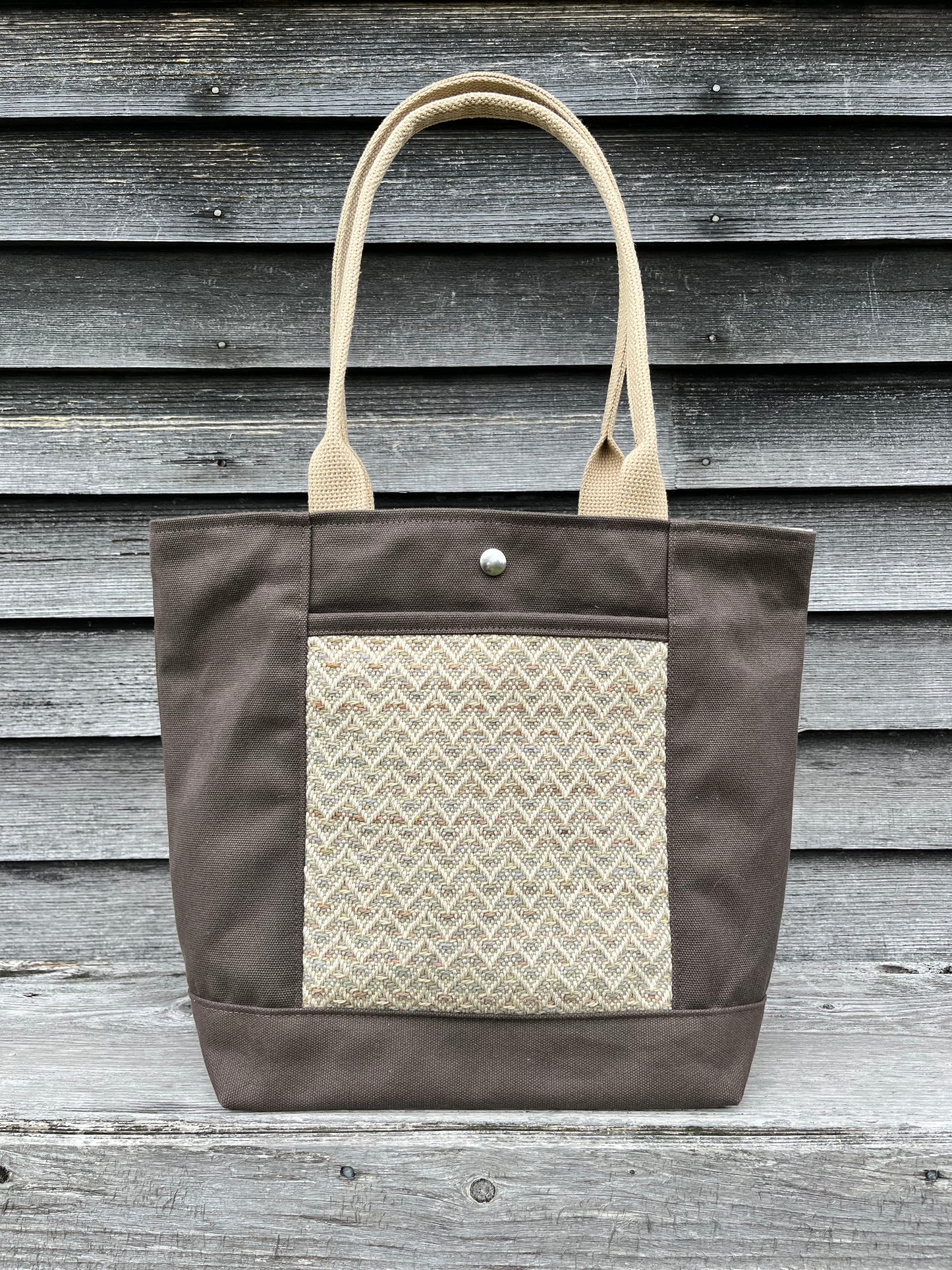 Bent Snap Tote - khaki textile / brown canvas
