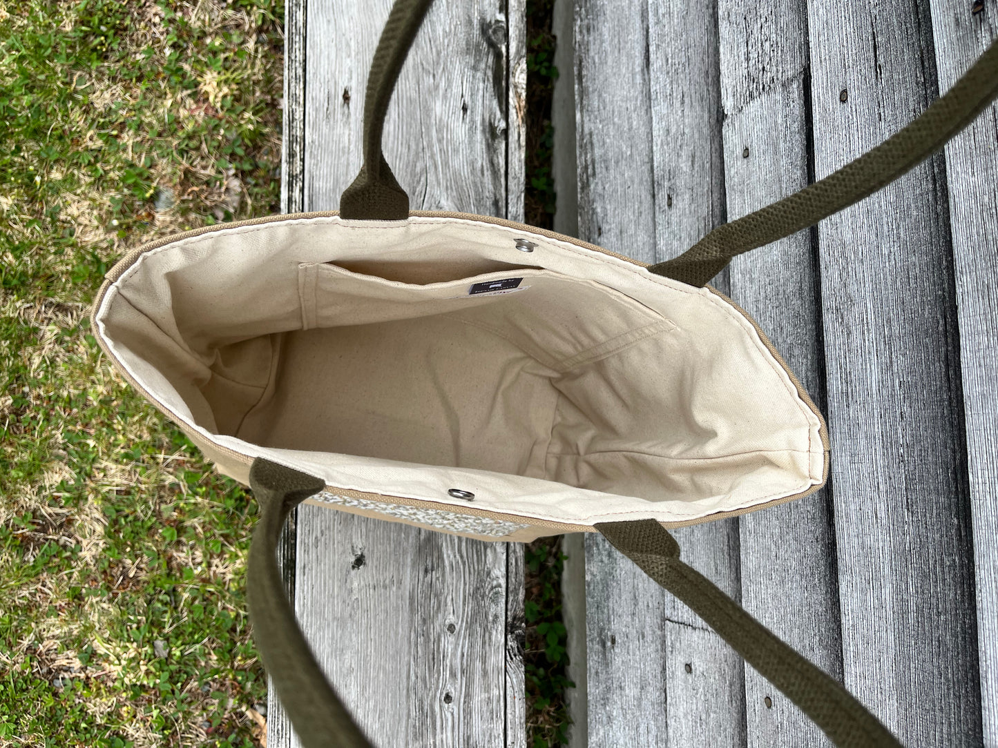 Bent Snap Tote - light brown white textile / khaki canvas