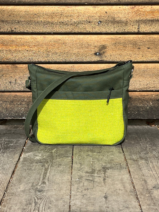 Bent Crossbody Zip Top 112 - Lime green textile with Olive canvas / lime interior