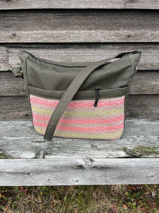 Bent Crossbody Zip Top 131 - Salmon lime textile with Olive canvas / white interior