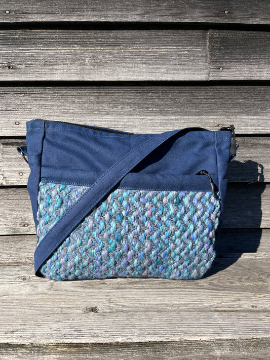 Bent Crossbody Zip Top - Navy with blue purple textile