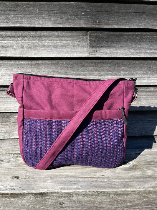 Bent Crossbody Zip Top - Burgundy with purple textile