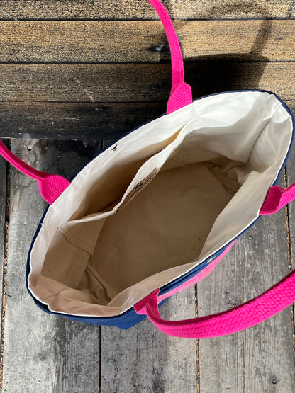 Bent Snap Tote 119 - pink textile / navy canvas