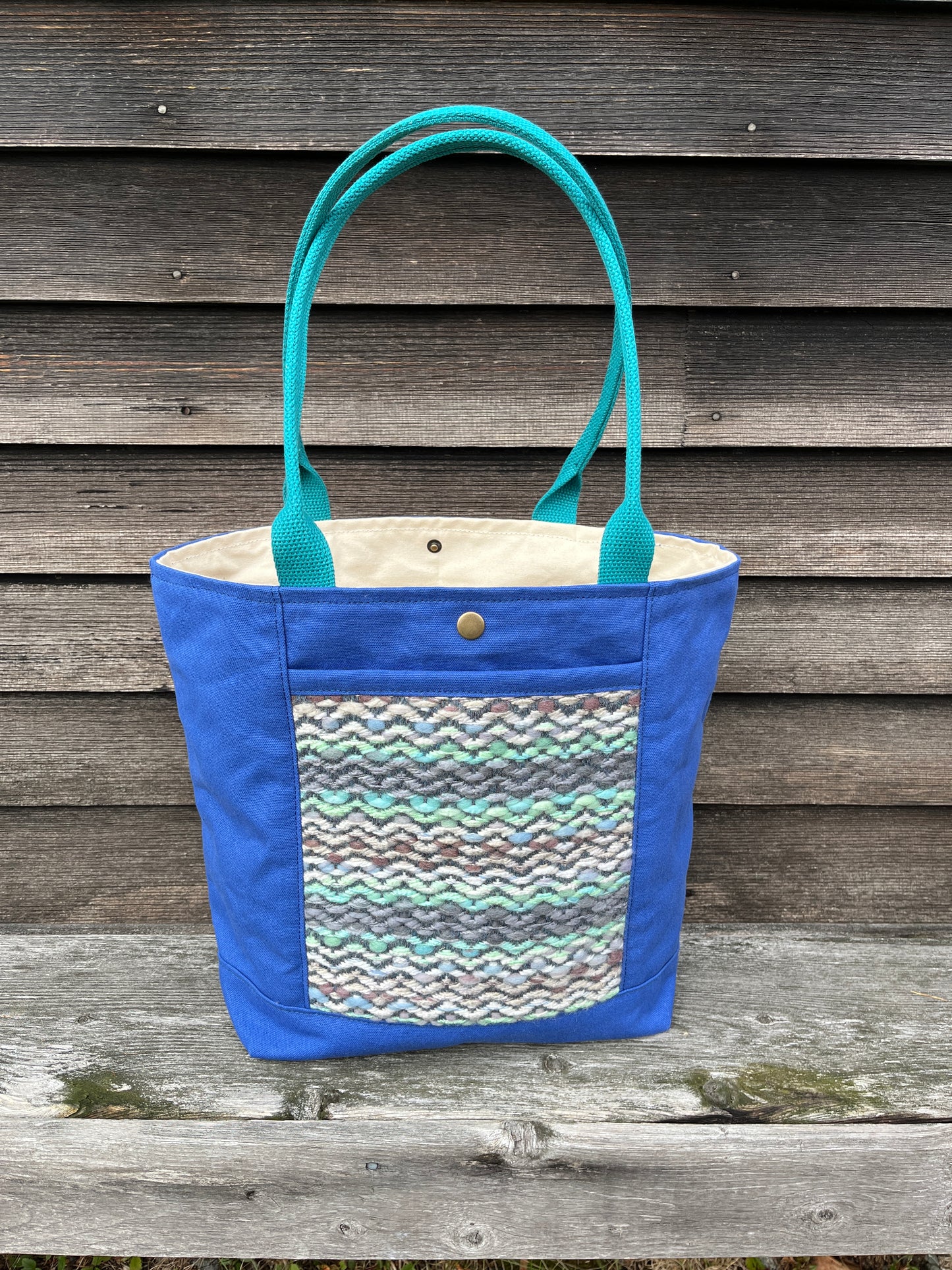 Bent Snap Tote 126 - Teal wavy textile / Blue canvas