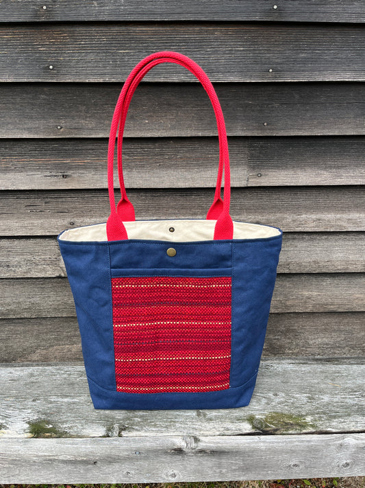 Bent Snap Tote 124 - Red textile / Navy canvas
