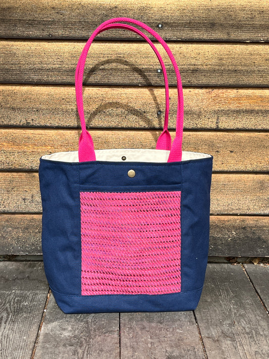 Bent Snap Tote 119 - pink textile / navy canvas