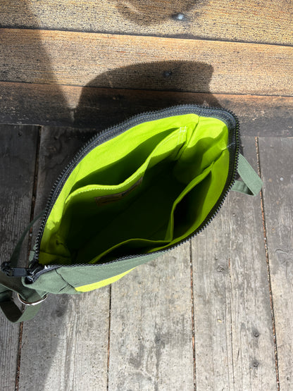 Bent Crossbody Zip Top 112 - Lime green textile with Olive canvas / lime interior