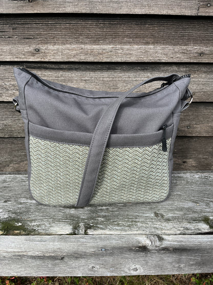 Bent Crossbody Zip Top 130 - Grey sparkle textile with grey canvas / white interior