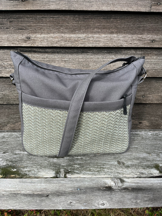 Bent Crossbody Zip Top 130 - Grey sparkle textile with grey canvas / white interior