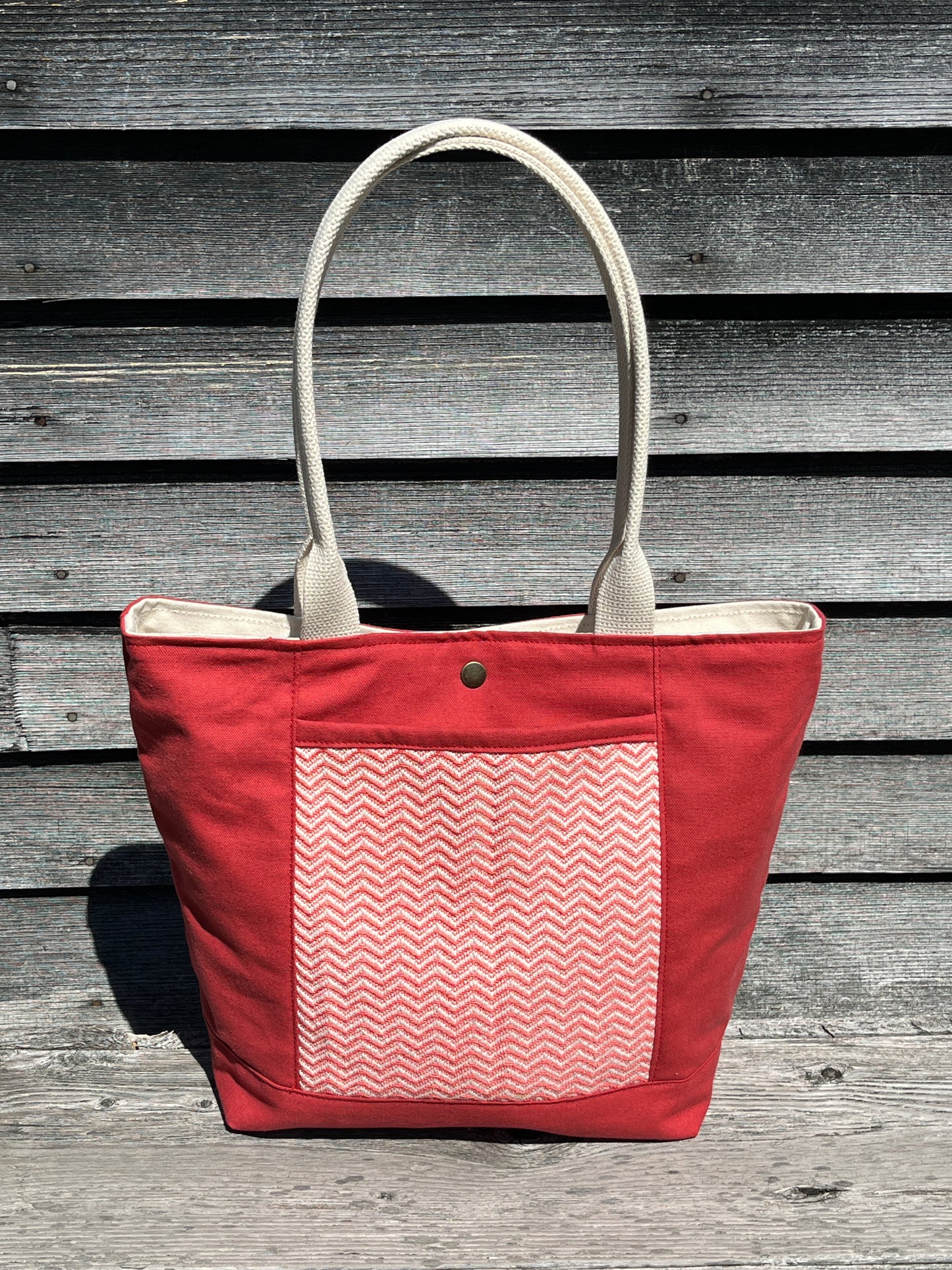 Bent Snap Tote - salmon grey textile  / dark salmon canvas