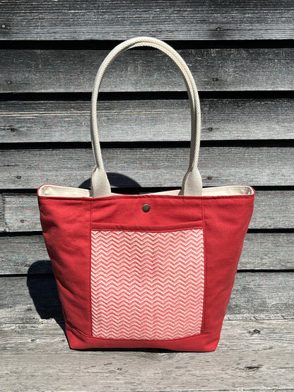Bent Snap Tote - salmon grey textile  / dark salmon canvas