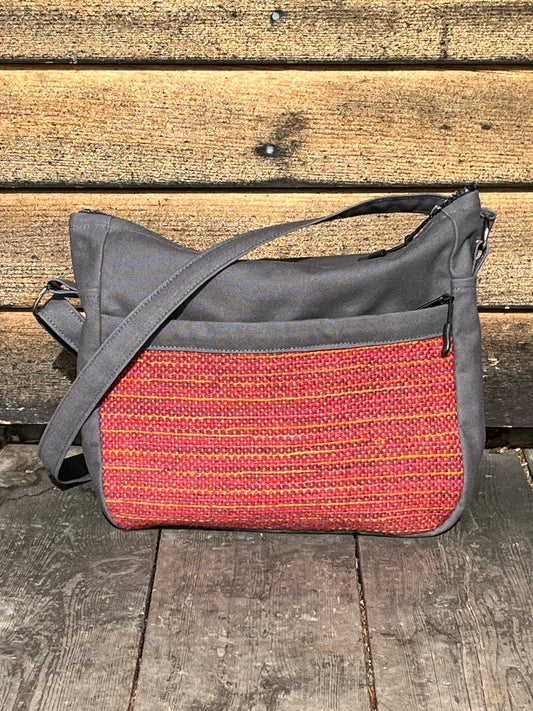 Bent Crossbody Zip Top 116 - Orange multi textile with Grey canvas / terracotta interior