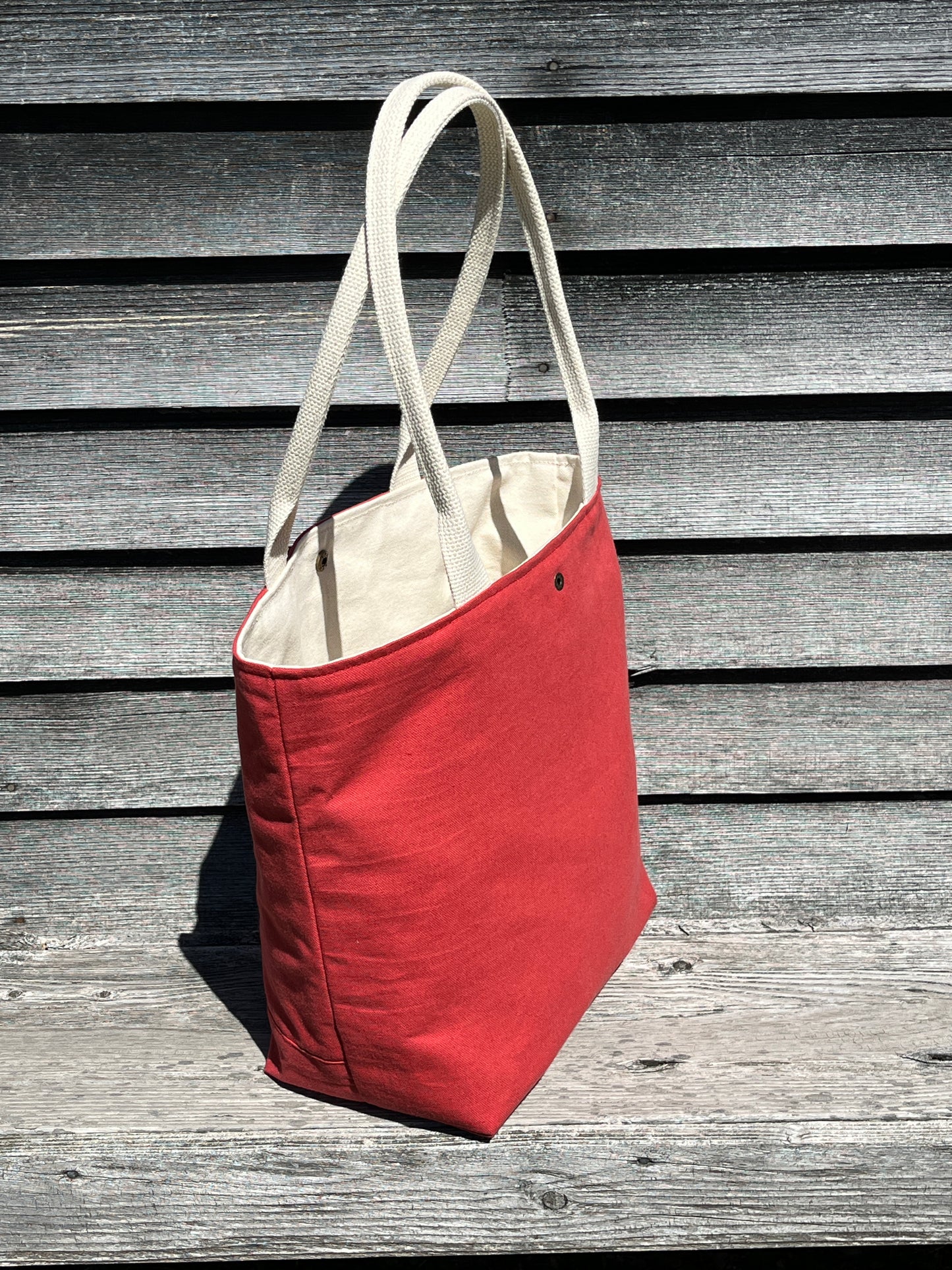 Bent Snap Tote - salmon grey textile  / dark salmon canvas