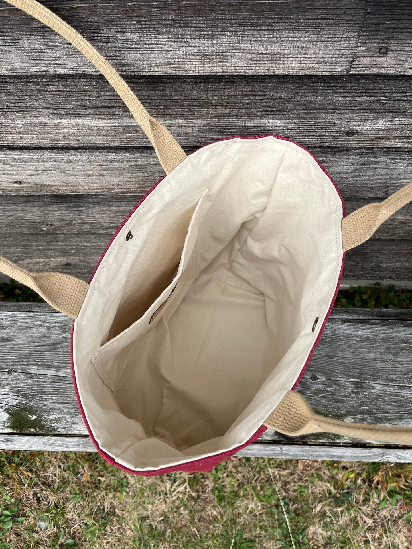 Bent Snap Tote 127 - Burgundy khaki textile / Cranberry canvas