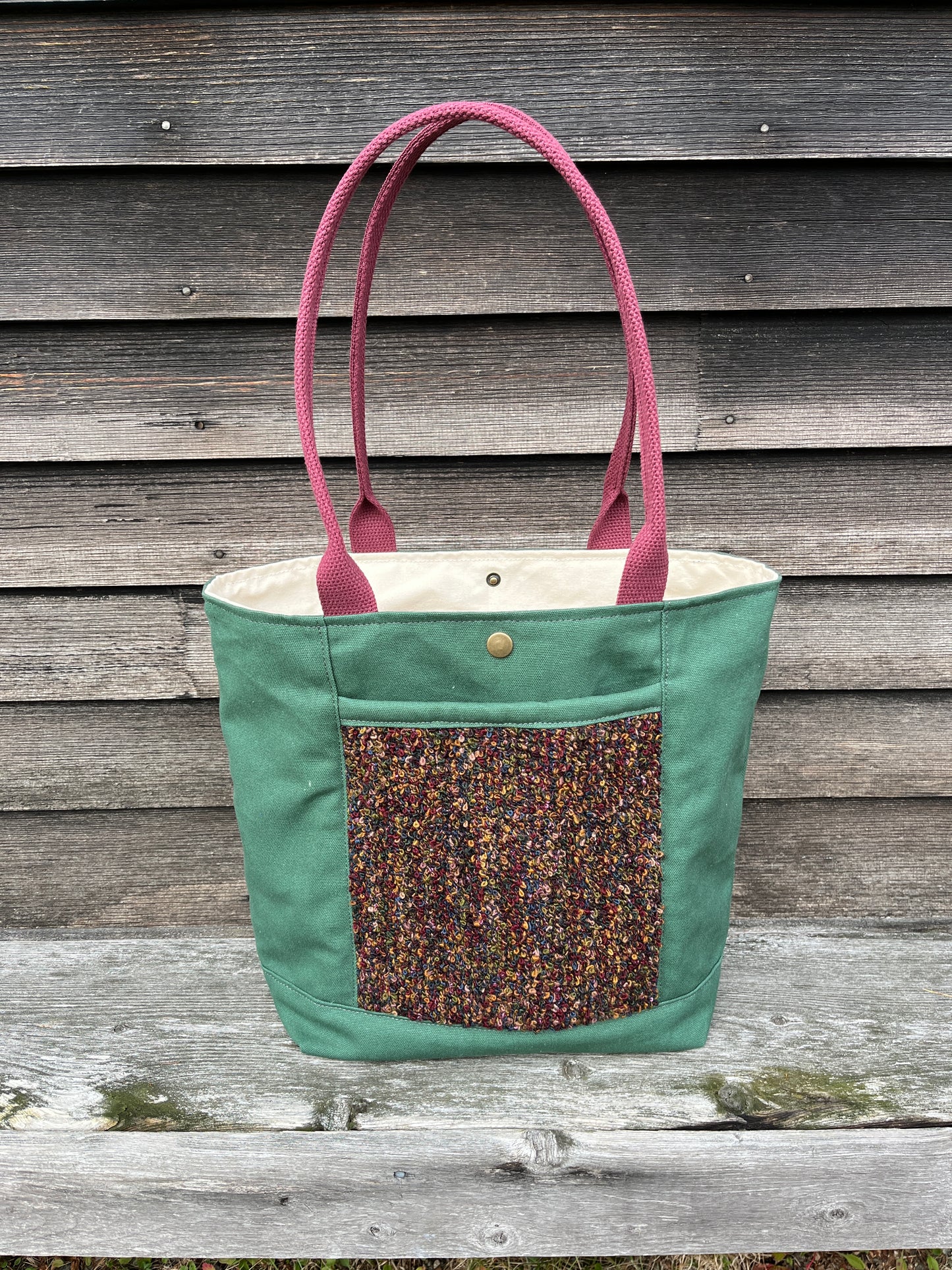 Bent Snap Tote 122 - Burgundy multi textile / Green canvas