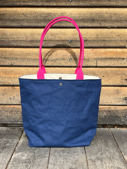 Bent Snap Tote 119 - pink textile / navy canvas