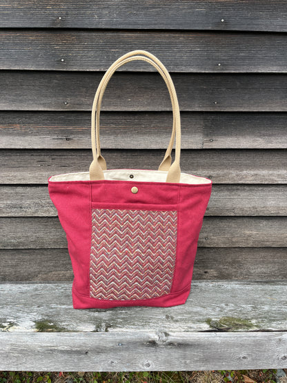 Bent Snap Tote 127 - Burgundy khaki textile / Cranberry canvas