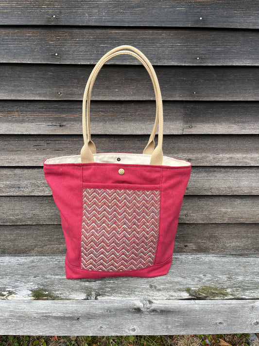 Bent Snap Tote 127 - Burgundy khaki textile / Cranberry canvas