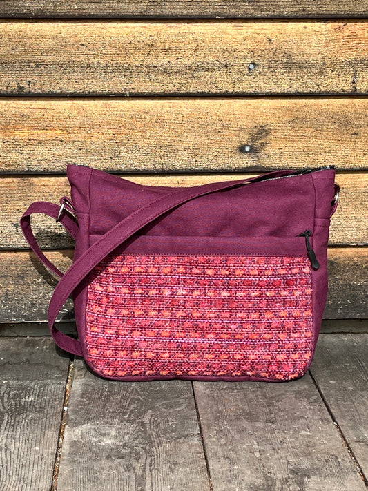 Bent Crossbody Zip Top 114 - Burgundy salmon textile with Burgundy canvas / white interior