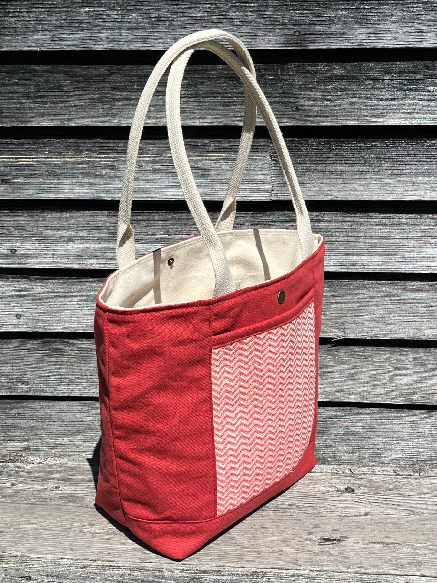 Bent Snap Tote - salmon grey textile  / dark salmon canvas