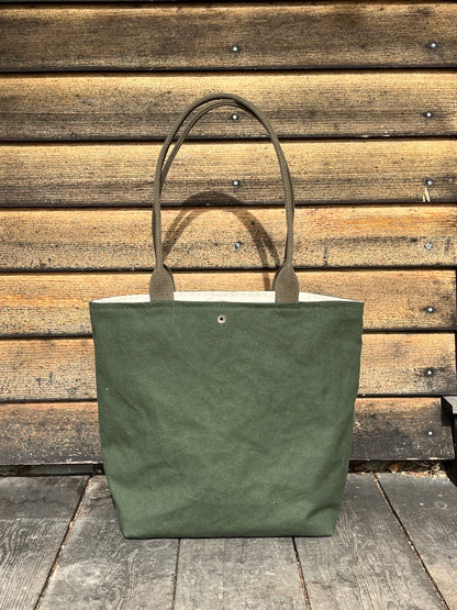 Bent Snap Tote 121 - olive salmon textile / olive canvas