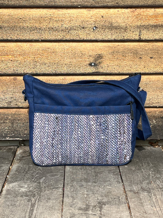 Bent Crossbody Zip Top 115 - Grey purple textile with Navy canvas / grey interior