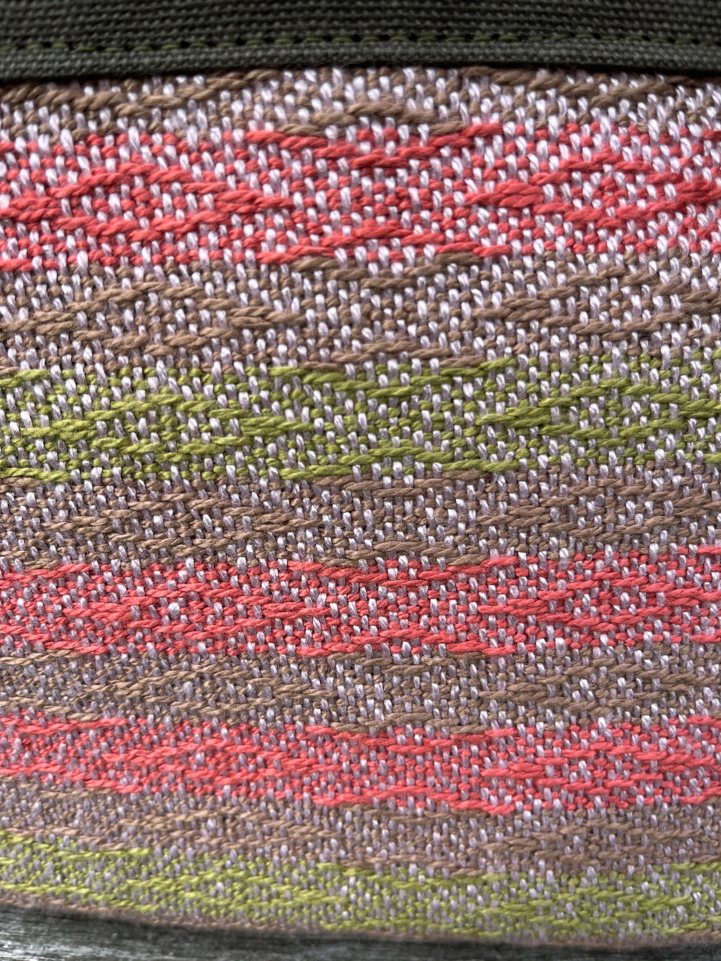 Bent Crossbody Zip Top 131 - Salmon lime textile with Olive canvas / white interior