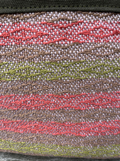 Bent Crossbody Zip Top 131 - Salmon lime textile with Olive canvas / white interior