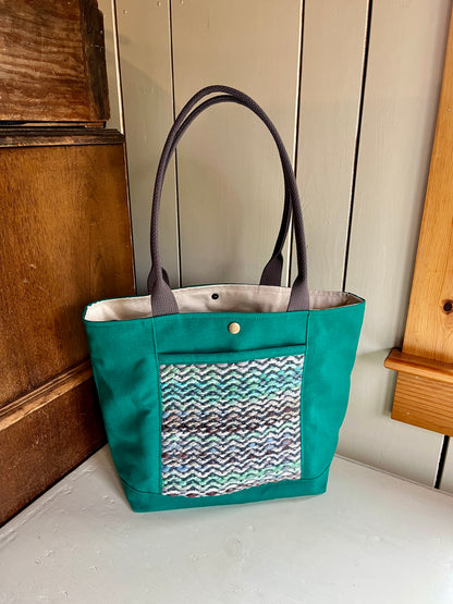 Bent Snap Tote 135 - blue green textile / teal canvas