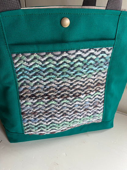 Bent Snap Tote 135 - blue green textile / teal canvas