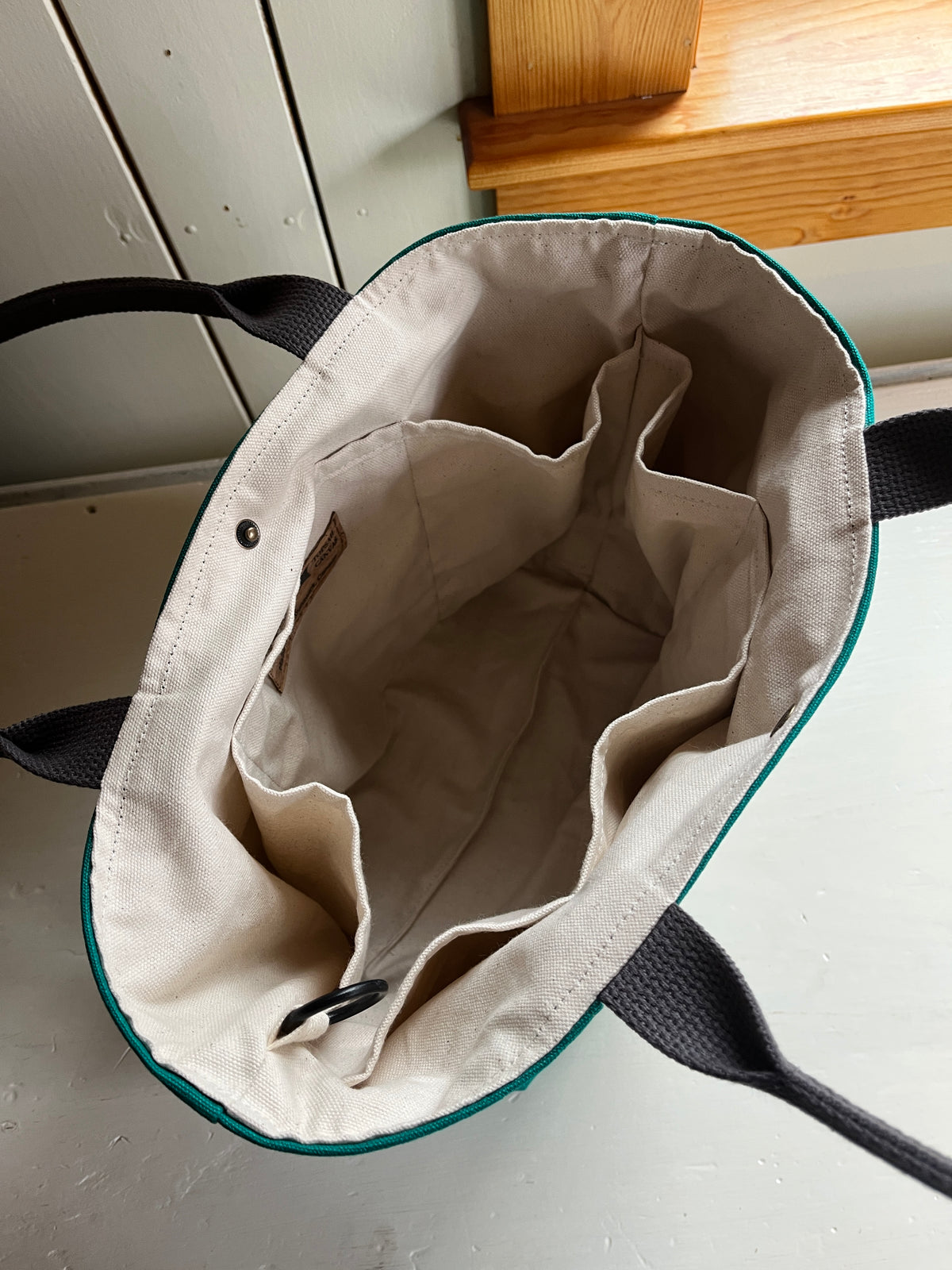 Bent Snap Tote 135 - blue green textile / teal canvas