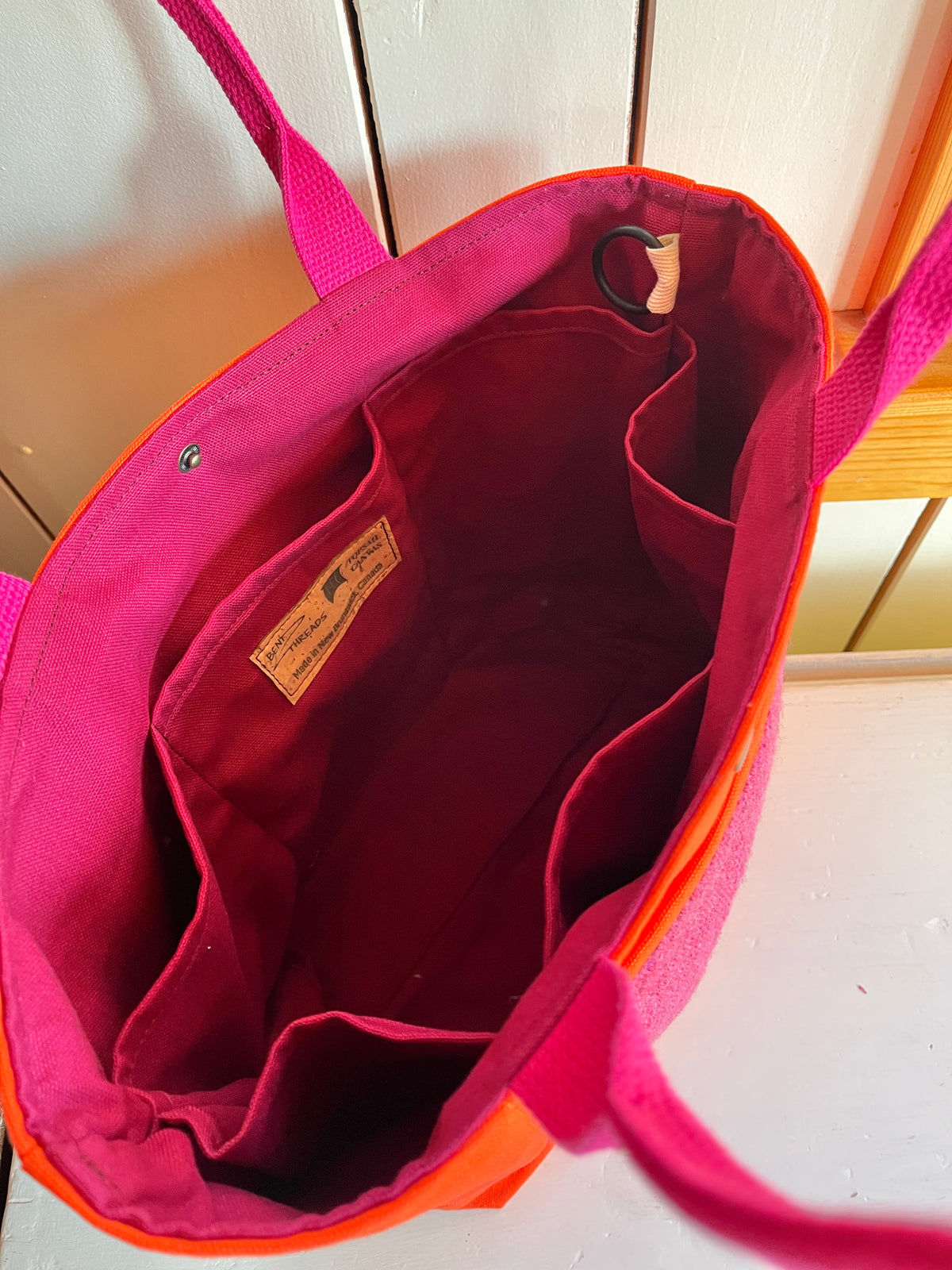Bent Snap Tote 136 - pink textile / orange canvas