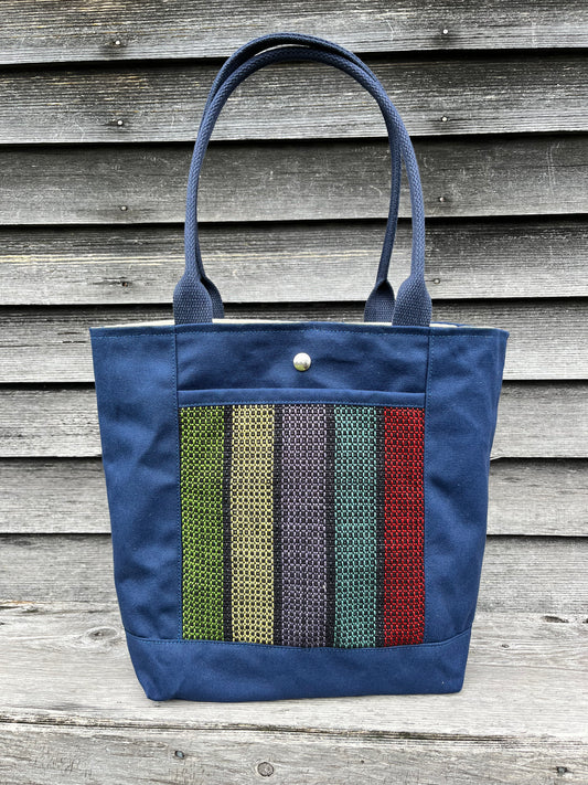 Bent Snap Tote - multi stripe textile  / navy canvas