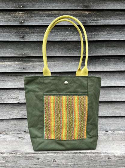 Bent Snap Tote - multi green textile  / olive canvas