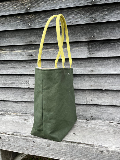 Bent Snap Tote - multi green textile  / olive canvas