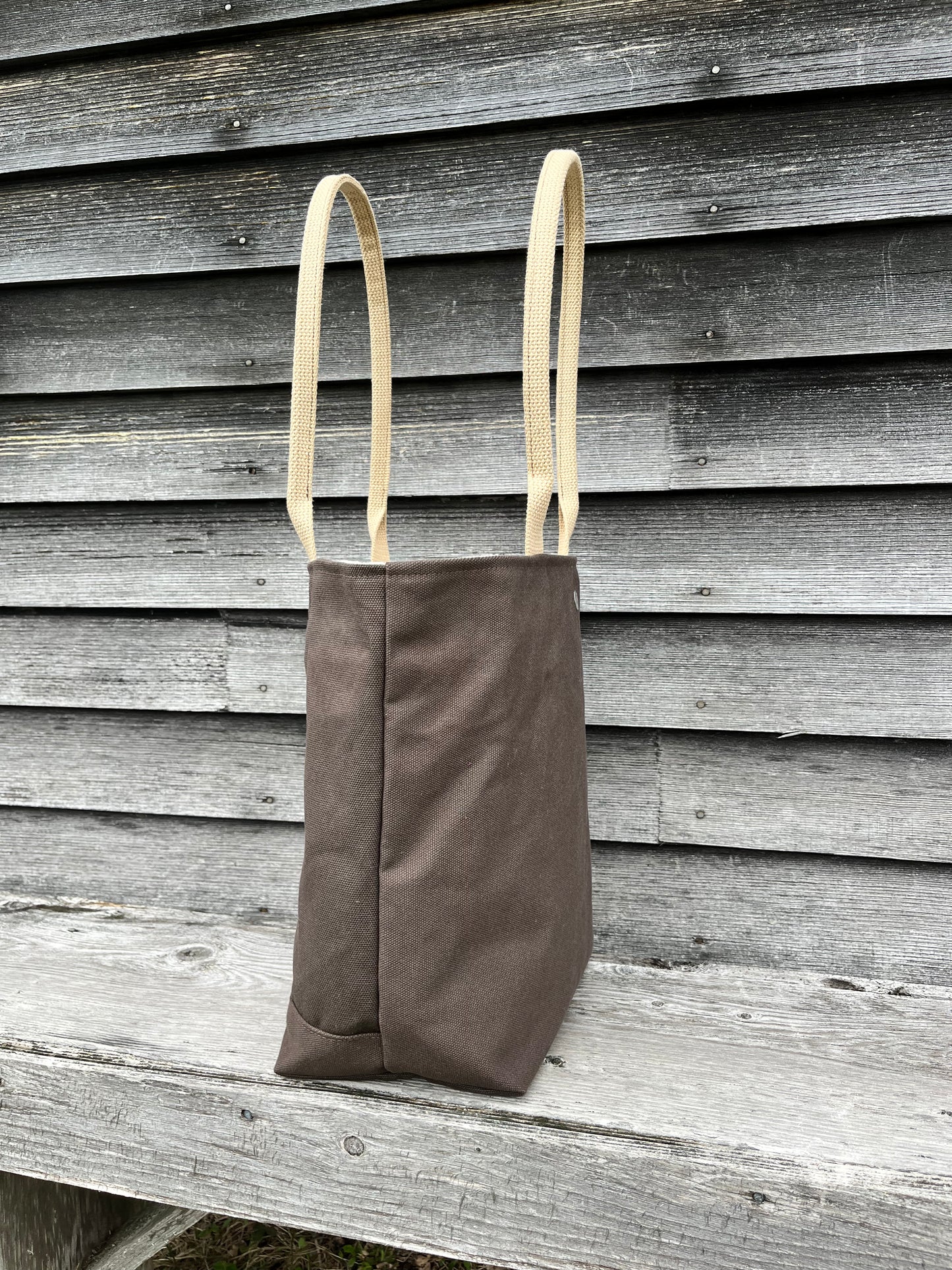 Bent Snap Tote - khaki textile  / brown canvas