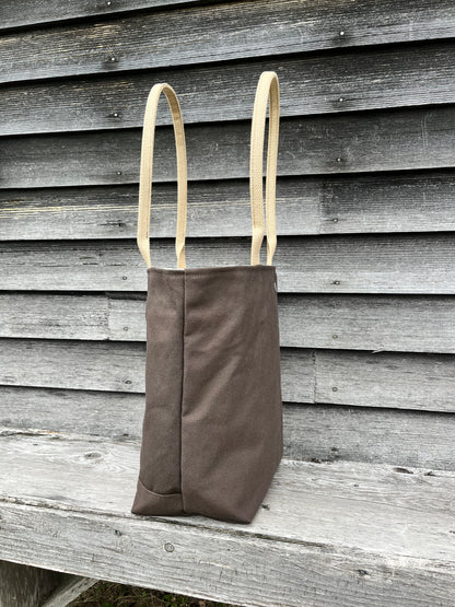 Bent Snap Tote - khaki textile  / brown canvas